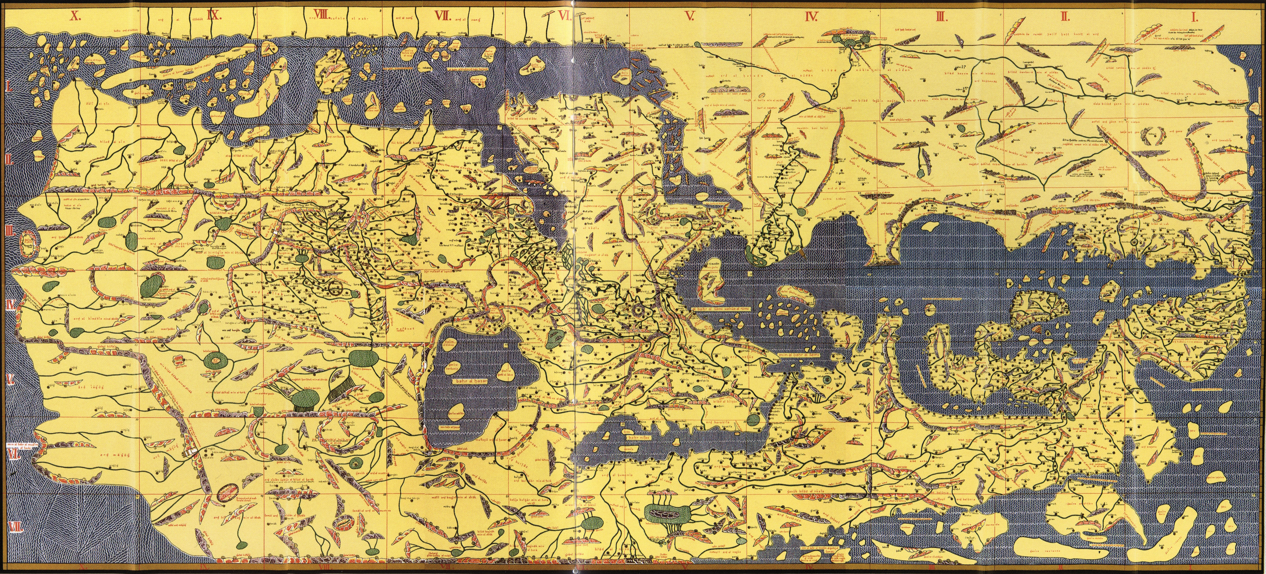 Recreación histórica del mapa del mundo de al-Idrisi, con el sur arriba